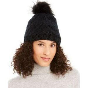New Echo 23 NYC Knit Faux Fur Pom Beanie Black Womens Hat Knit NWT